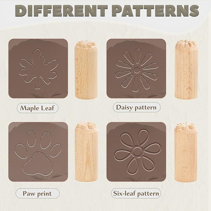 11Pcs Clay Pottery Tools Kit with 5 Clay Texture Rollers, 4 Clay Stamps, 2 Foot Shapers Pottery Ribs Trimming | All-in-One Ceramic Carving Set for Clay Molding & Sculpting & Ceramics