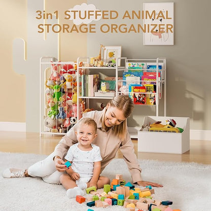 BBLIKE 3in1 Stuffed Animal Storage Organizer - Toy Storage with Kids Bookshelf & Large Plushies Holder for Kids Room - Multi-Functional Furniture for Nursery, Bedroom, and Playroom, White