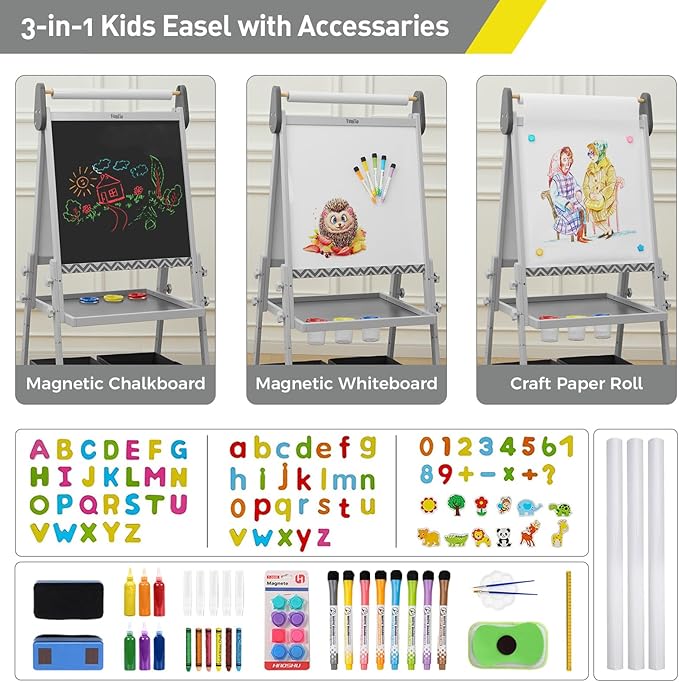FUNLIO Anti-Warping Kids Art Easel, 3 Height Adjustable for Kids Aged 3-8, All-in-One Toddler Easel with Paper Roll & Erasable Frame, Standing Easel with Magnetic Chalkboard/Whiteboard (Gray)