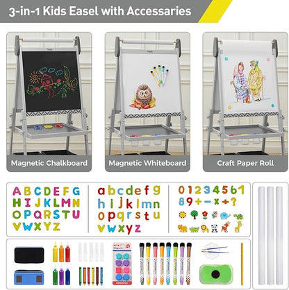 FUNLIO Anti-Warping Kids Art Easel, 3 Height Adjustable for Kids Aged 3-8, All-in-One Toddler Easel with Paper Roll & Erasable Frame, Standing Easel with Magnetic Chalkboard/Whiteboard (Gray)