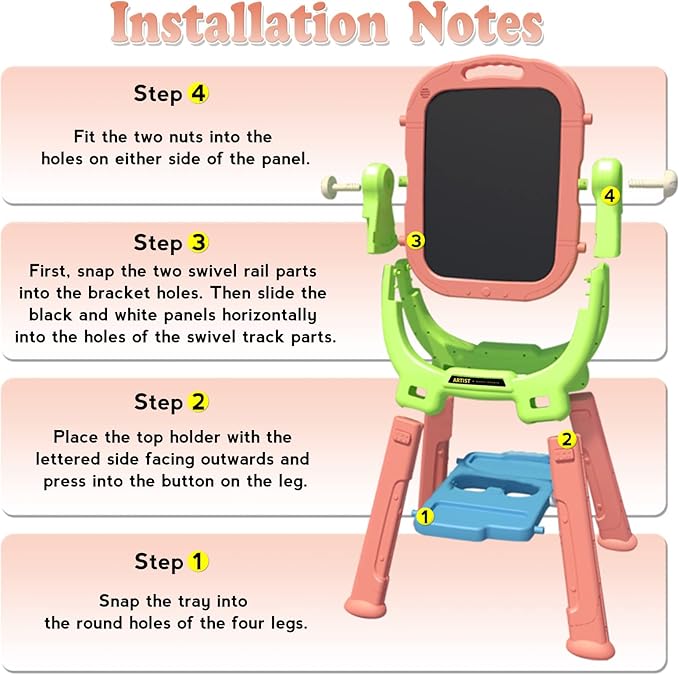 Kids Easel, Kids Toys Rotatable Double Sided Chalk Board Adjustable Height Standing Toddler Easel with 79pcs Accessories Art Set, Pink