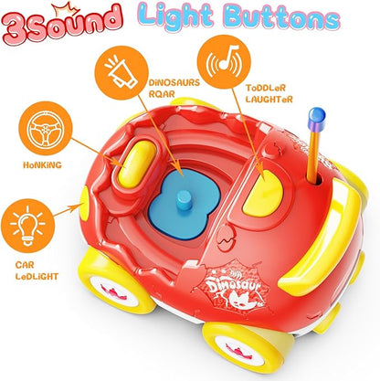2 Pack Dinosaur Remote Control Cars Toys for Kids 2 3 4 5 Years Old, Easter Present Birthday Gifts for Boys and Girls Ages 2-5, Dino Race Car Toddlers Toys with Music and Light(Red Blue)
