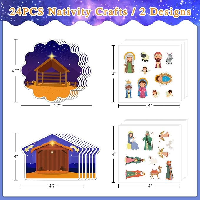 FaCraft Nativity Craft Sticker for Kids - 24pcs Make a Nativity Scene Stickers Christmas Crafts Kits DIY Nativity Set for Sunday School Classroom Religious Christian Xmas Party Game Favor Gifts