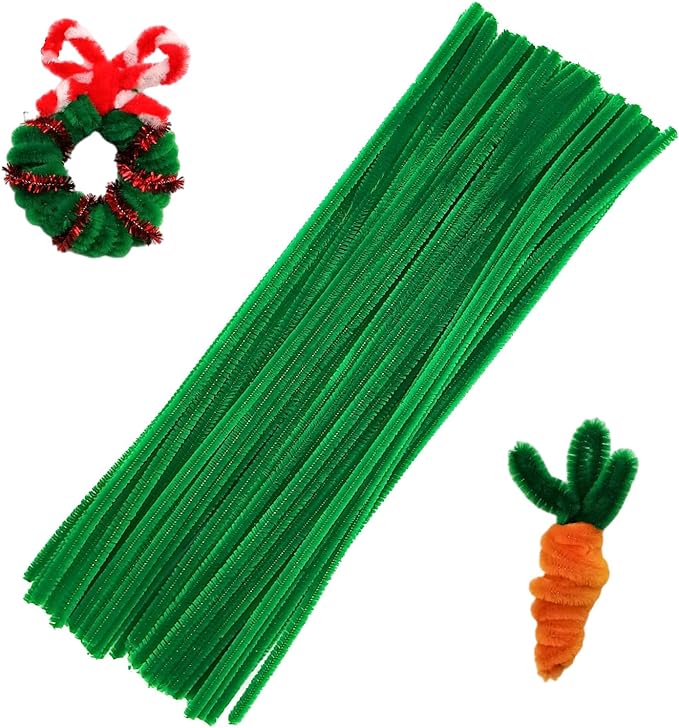 Swpohrat 100 Pieces Christmas Green Pipe Cleaner Craft Set,Thick Fuzzy Chenille Stem Pipe Cleaners for DIY Craft Projects and Decorations