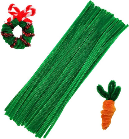 Swpohrat 100 Pieces Christmas Green Pipe Cleaner Craft Set,Thick Fuzzy Chenille Stem Pipe Cleaners for DIY Craft Projects and Decorations