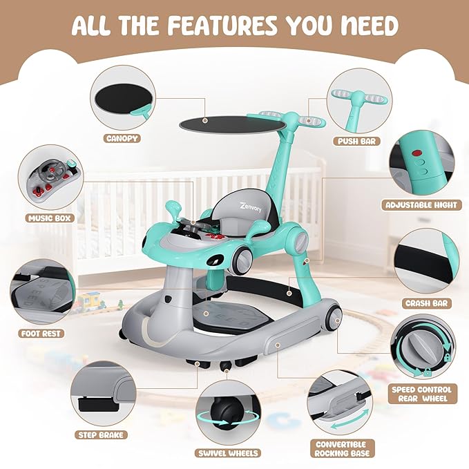6 in 1 Foldable Baby Walker, Activity Baby Walker-Baby Bouncer, Rocker, Activity Center,Push Walker,Detachable Trampoline Mat, Adjustable Speed Rear Wheels and Height,Music & Lights,Ages 6-18 Months