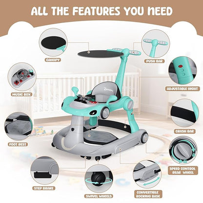 6 in 1 Foldable Baby Walker, Activity Baby Walker-Baby Bouncer, Rocker, Activity Center,Push Walker,Detachable Trampoline Mat, Adjustable Speed Rear Wheels and Height,Music & Lights,Ages 6-18 Months