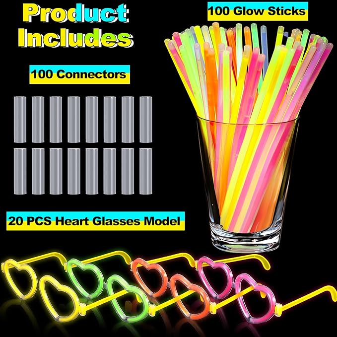 120Pack Glow in the Dark Party Favor,Glow Glasses with 100 8" Glow Sticks Bulk & Connectors,20 Glasses Mode for 20 Glow Heart Glasses 60 Glow Bracelet,8" Glowstick Neon Glow Toys for Kids & Adults