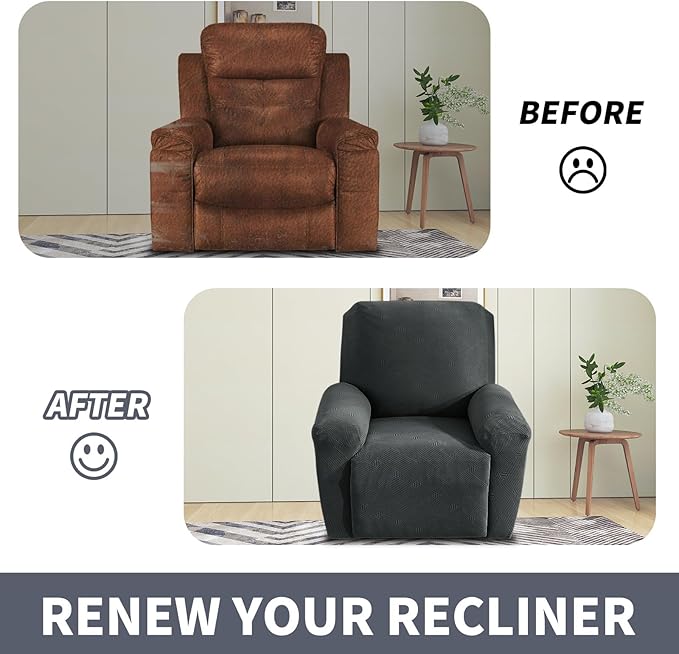 JIVINER Small Recliner Chair Covers, 3 Piece Slipcovers for Large Recliner Chair Soft Jacquard Reclining Chair Protector Slipcovers for Dogs,Cats (Recliner Small, Dark Gray)