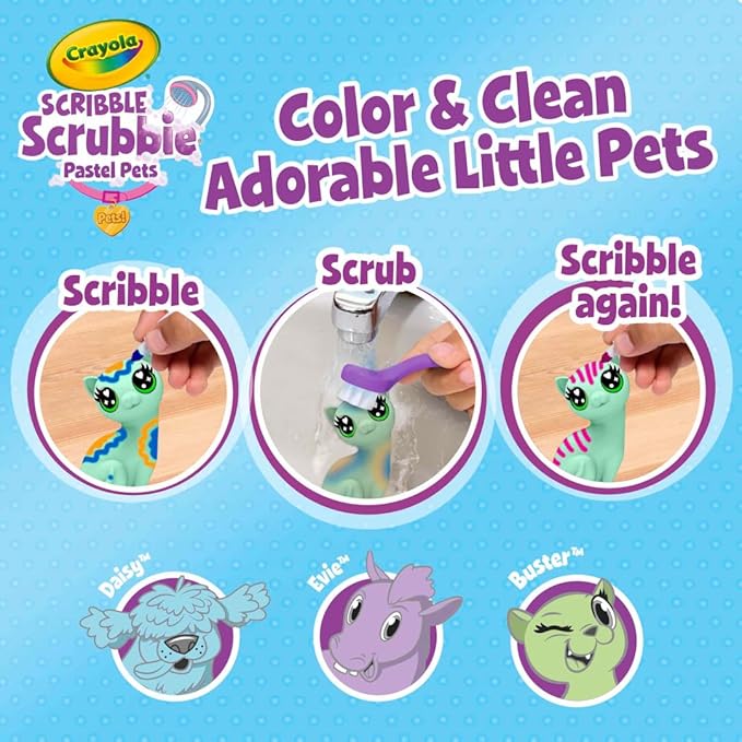 Crayola Scribble Scrubbie Pastel Pets (3ct), Grooming Animal Toy for Kids, Washable Animal Figurine, Kids Gift, Toys for Girls & Boys, 3+