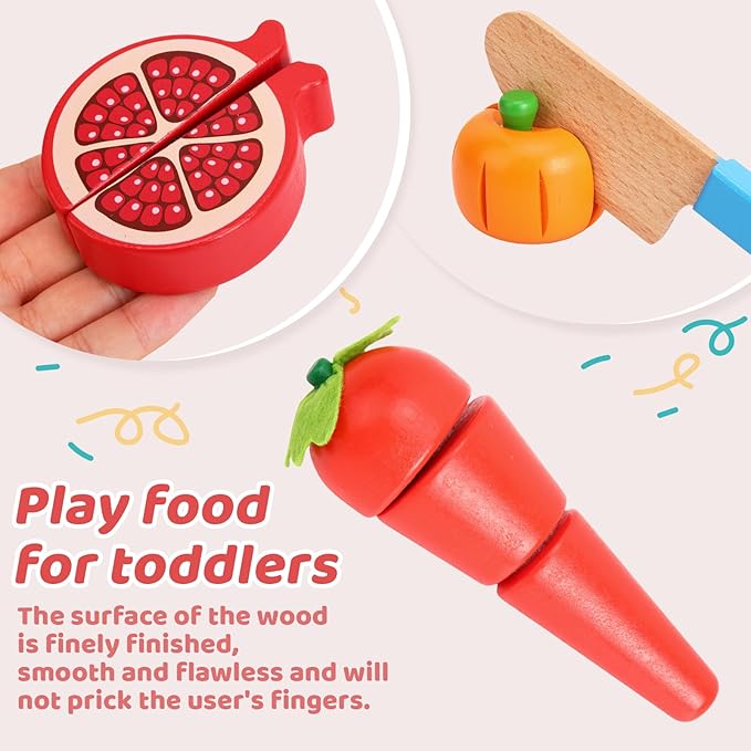Holicolor 40pcs Wooden Play Food, Play Food Sets for Kids Kitchen Pretend Cutting Play Food for Toddlers 1-3