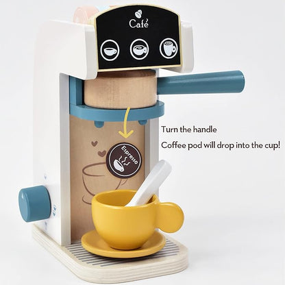 PairPear Kids Wooden Toys Coffee Maker Toy Espresso Machine Playset - Toddler Play Kitchen Accessories Gift for Girls and Boys