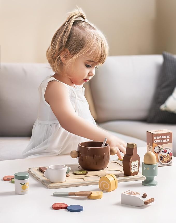 ROBUD 31-Piece Wooden Play Food Set for Kids - Coconut Oats Montessori Kitchen Toys, Educational Pretend Play Dishes with Accessories for Toddlers
