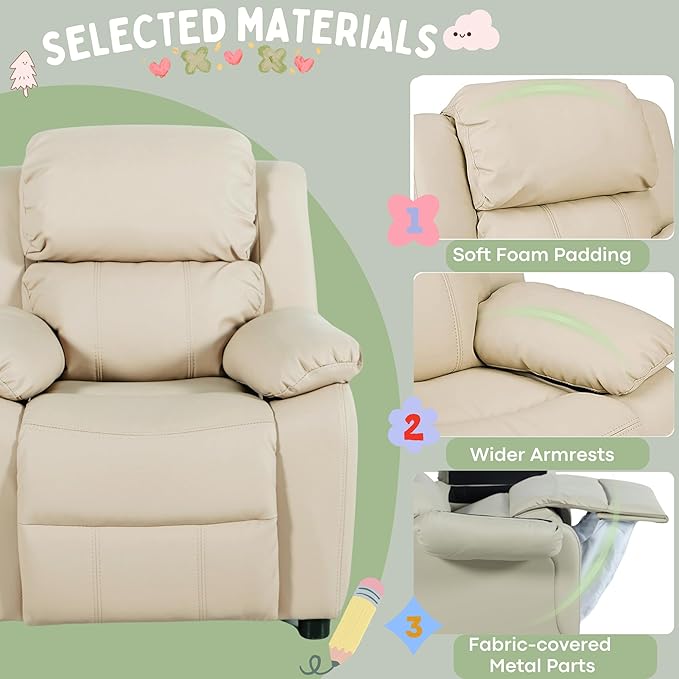 JC Home Macaron Kids Reclining Chair Leather Recliner Sofa Toddler Youth Children Child Ages 2-8