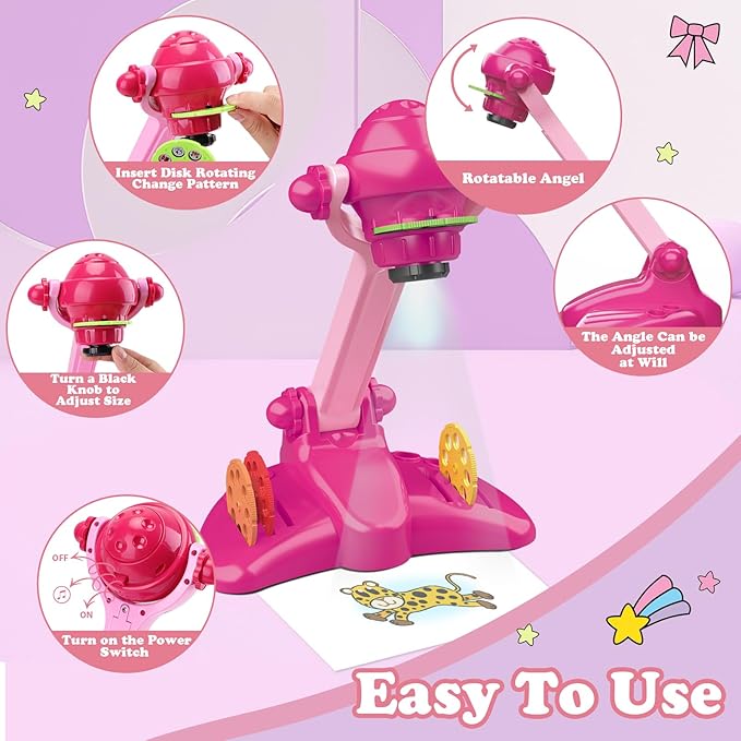 Hoarosall Drawing Projector for Kids, Art and Craft Kit, Toys for Girls Aged 3+, Drawing Supplies, Including Colored Pencils, Crayons, Coloring Books, Gift for 3+ Year Old Girls (Rose Red)