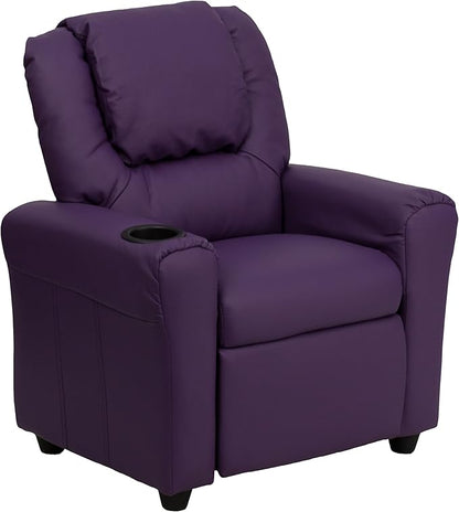Flash Furniture Vana Vinyl Kids Recliner with Cup Holder, Headrest, and Safety Recline, Contemporary Reclining Chair for Kids, Supports up to 90 lbs., Purple