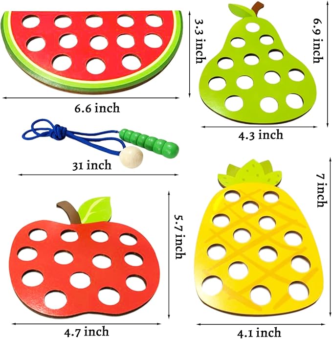 4 Pack Wooden Lacing Toy,Educational Threading Activity Puzzles,Learning Fine Motor Skill Travel Toy,Wooden Fruit Threading Set for Toddlers Kids 3 4 5 Year 1 Apple,1 Watermelon,1 Pineapple,1 Pear