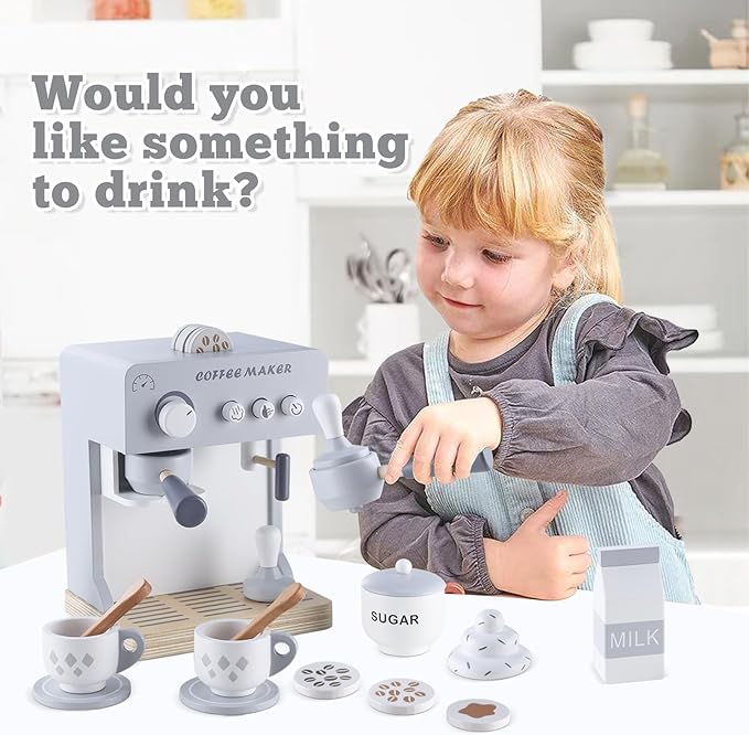 Kids Coffee Maker Toy Espresso Machine Playset, Pretend Play Food Sets for Kids Kitchen, Toddler Play Kitchen Accessories Gift for Girls and Boys
