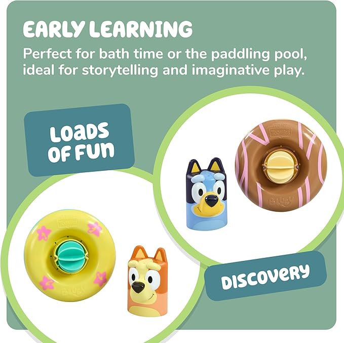 TOMY Toomies Splash & Float Bingo and Bluey Water Toys - 2-in-1 Toddler Water Toys with Pour Cup and Water Wheel Toy - Toddler Bath Toys and Bluey Toys - Ages 18 Months and Up