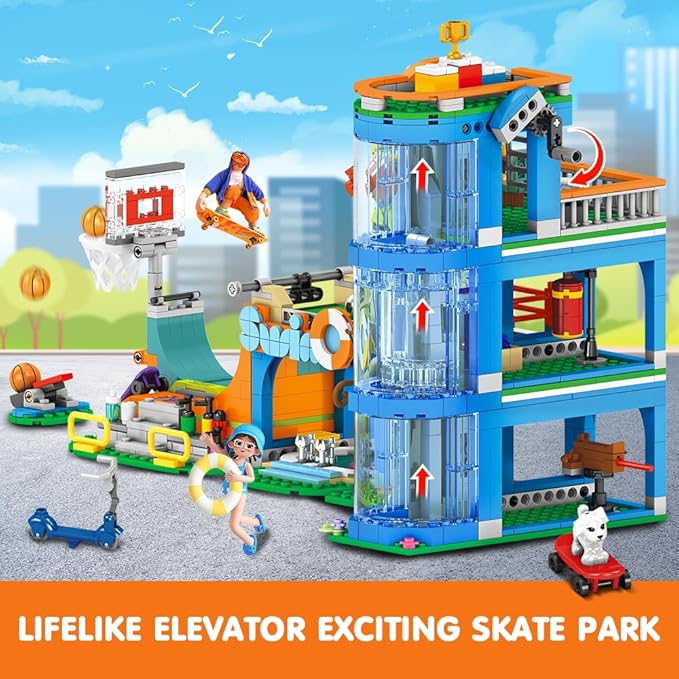 HOGOKIDS City Sports Gym Building Set - 8 in 1 Friend Sports Center Football Basketball Climbing Swimming Boxing Shooting Skateboard Building Block Kit Games Toy Birthday Gift for Kids Girls Boys 6+