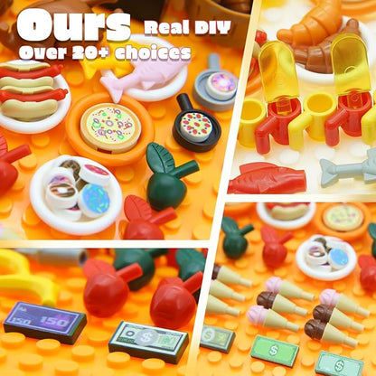188pcs City Food Bricks Set, Picnic Toys Friends Kitchen Fram Restaurant DIY Pieces Parts Ice-Cream-Cupcakes Turkey-Banana-Carrot-Bread Basket Fish