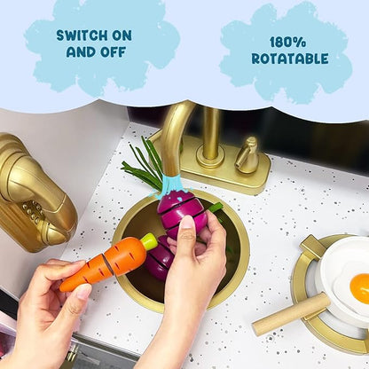 Kitchen Playset for Kids Ages 3-8, Wooden Pretend Play Kitchen with Realistic Sounds, Including Telephone, Ice Maker, Refrigerator, Dimensions: 35” H x 31” W x 12” D (White)