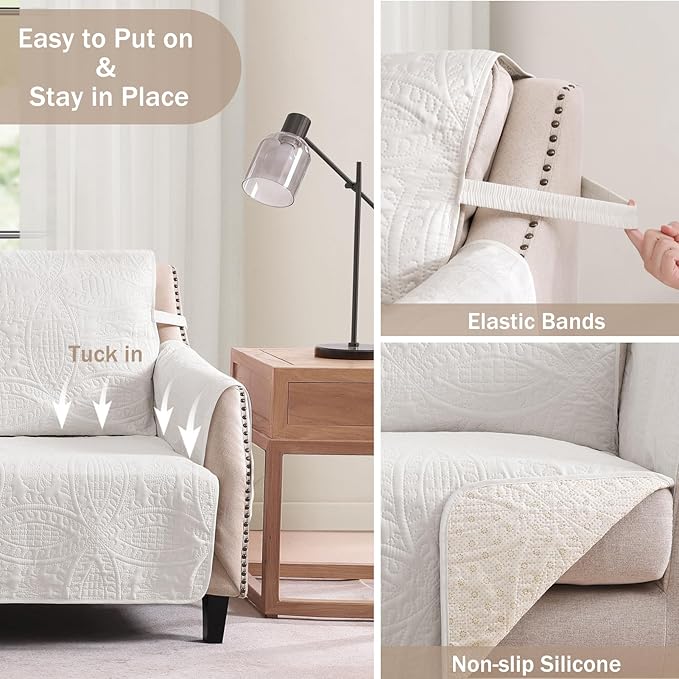 White Loveseat Couch Cover 2 Cushion Sofa, Water-Repellent Sofa Slipcover for Loveseat, Machine Washable Love Seat Quilted Couch Covers, Pet Friendly Loveseat Slipcovers (Loveseat 56", White)