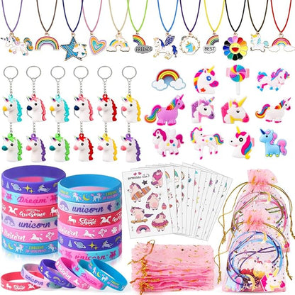 72Pcs Unicorn Party Favors Birthday Supplies for Girls Unicorn Silicone Bracelets Necklaces Rings Keychains Tattoos Rainbow Unicorn Gifts Toys Unicorn Party Supplies Gift Goodie Bag Fillers