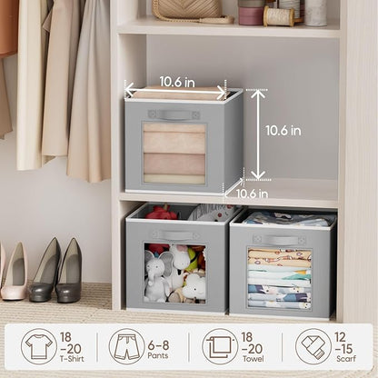 Homsorout Storage Cube 11 Inch - Cube Storage Bins with Window, Closet Storage Baskets with Handle, Fabric Bins for Closet, Shelves, Toys, Clothes, Set of 6, Grey