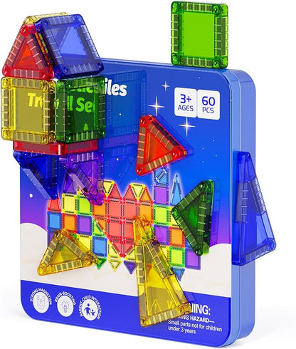 Mini Magnetic Tiles Travel Kit for Kids Ages 3-8, 60pcs Portable Magnetic Building Blocks with Visual Storage Guide & Metal Play Base, STEM Sensory Toys for Preschool Learning