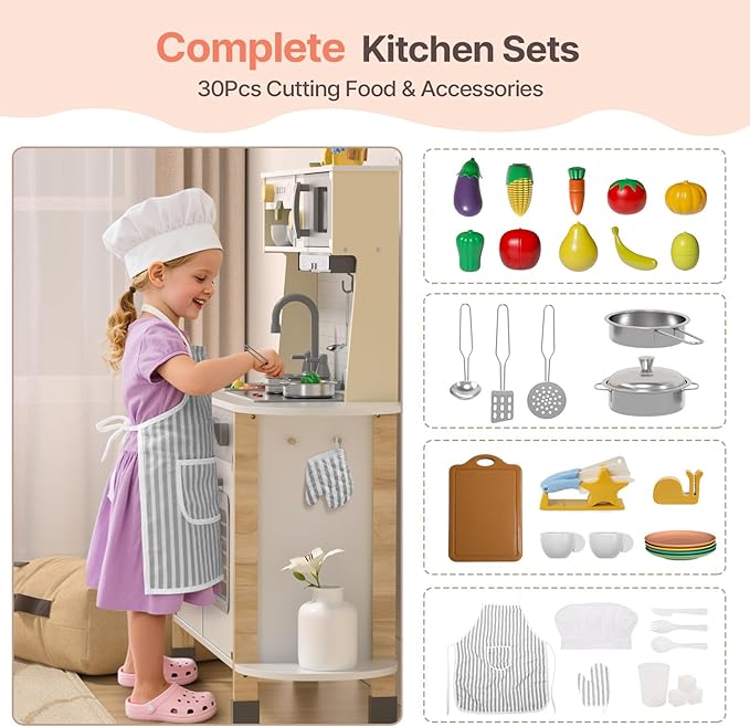 BIERUM Play Kitchen, Wooden Kids Kitchen Playset for Toddlers with Real Lights & Sounds, Height Adjustable Toys Kitchen with 30 Pcs Toy Food & Cookware Accessories
