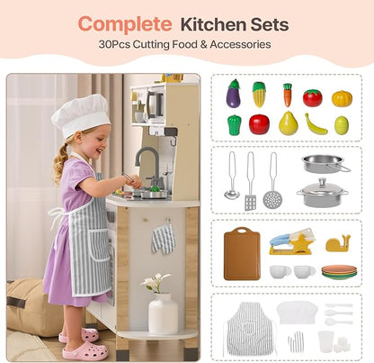 BIERUM Play Kitchen, Wooden Kids Kitchen Playset for Toddlers with Real Lights & Sounds, Height Adjustable Toys Kitchen with 30 Pcs Toy Food & Cookware Accessories