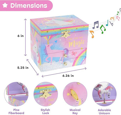 Jewelkeeper Unicorn Musical Jewelry Box for Girls - Cotton Candy Rainbow Design Music Box with 2 Pullout Drawers to Store Earrings, Necklace and Bracelets, Plays The Beautiful Dreamer Tune