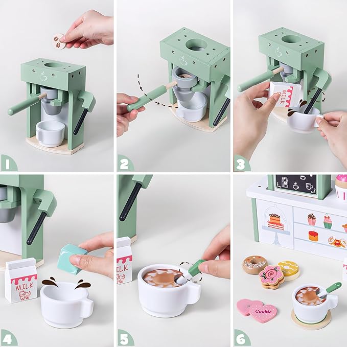 Toyssa Wooden Coffee Maker Playset for Kids 3 4 5, Pretend Play Food Toys for Toddlers with Dessert & Menu, Wooden Toys Play Kitchen Accessories Christmas Birthday Gift for Kids Girls Boys 3 4 5 6