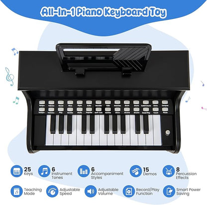 HONEY JOY Wooden Kids Piano, 25 Lighted Keys Kids Keyboard Piano w/Music Stand, Bench, Early Learning Educational Musical Instrument, Baby Music Toy for 3+ Years Old Toddlers Boys Girls (Black)