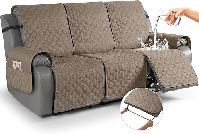 TAOCOCO 100% Waterproof Recliner Covers, Recliner Sofa Covers with Leg Straps, Reversible Recliner Couch Cover for Reclining Chair, Washable Couch Protector for Pets Kids(3 Seater, Khaki)