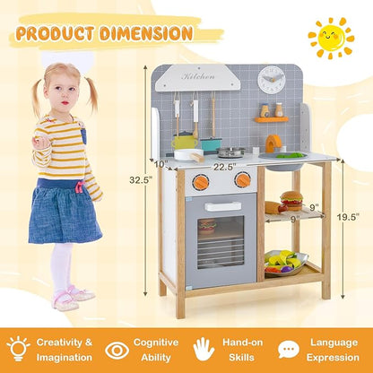 HONEY JOY Kids Kitchen Playset, Toddler Wooden Play Kitchen Set w/Sink, Stove & Oven, Cooking Accessories, Large Storage Cabinet, Little Chef Pretend Play Toy Kitchen Set, Gift for Boys Girls, Gray