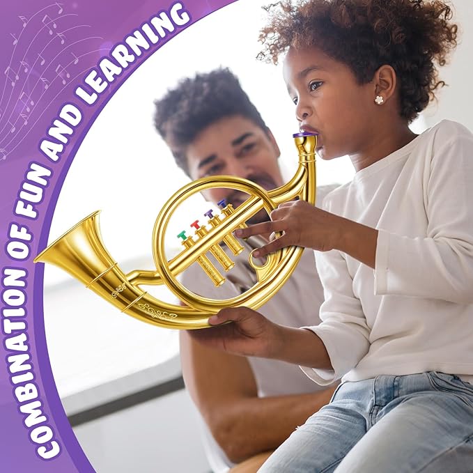 Lewtemi Gold Horn Musical Instruments Toy for Kid Toddler Fake Plastic Preschool Music Toy Gift Portable Wind Instrument Early Educational Teaching Songs Gifts for Toddlers Children