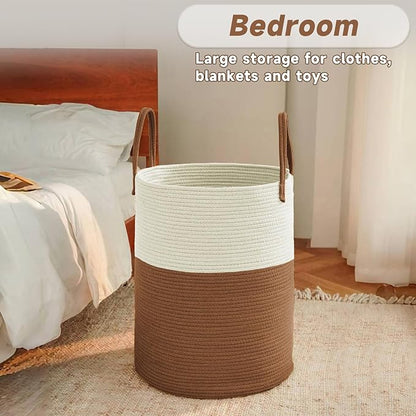 JMvicyroam Large Woven Laundry Basket Hamper,80L Cotton Rope Storage Bin for Blankets,Toys and Clothes,Decorative Tall Nursery Hamper for Living Room,Baby Nursery,Bathroom and Bedroom,White and Brown