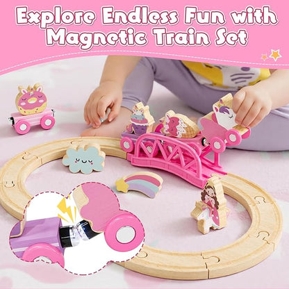 Lehoo Castle Wooden Train Set for Girls, Unicorn Train Set for Toddlers 2-4, Wooden Train Track with Storage Bag, Pink Train Fantasy Toys for 3 Year Old Girl Christmas Birthday Gifts