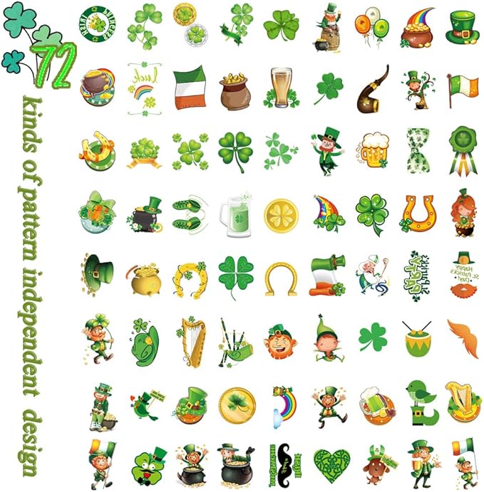 108PCS St. Patrick's Day Party Favor Dressing-up Accessories with Shamrock Eyeglasses Beaded Necklace Temporary Tattoos Mustache Bracelets Set
