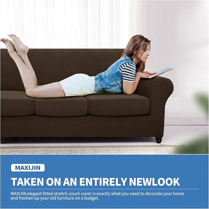 MAXIJIN 4 Piece Jacquard Extra Large Couch Covers for 3 Cushion Couch Super Stretch Non Slip Couch Cover for Dogs Pet Friendly Sofa Slipcover Furniture Protector (Oversized Sofa, Dark Coffee)