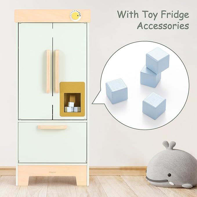 Wooden Play Kitchen Toy Fridge,Pretend Play Fridge with Ice Maker,Kids Refrigerator Freezer Set Kitchen Accessories,Toddler Play Kitchen for Boys & Girls Age 3+