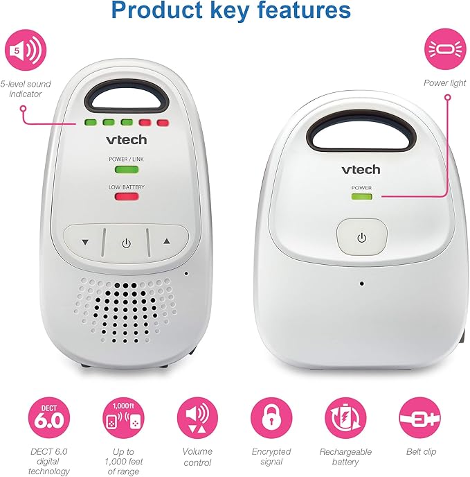 VTech Upgraded Baby Monitor with Rechargeable Battery, Long Range, Crystal-Clear Sound, and Alerts