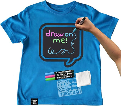 Blue Speech Bubble Chalkboard Short Sleeve T-Shirt Kit for Kids with 3 Markers and 1 Stencil (Youth X-Small)