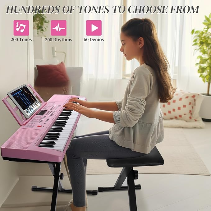 Ktaxon 61 Key Keyboard Piano Electric Keyboard, Electric Piano Set with Headphones, Microphone, Music Rest, Power Adapter, Piano Stand, Piano Bench and Manual (Compact X Stand-Pink w/Lighted Keys)