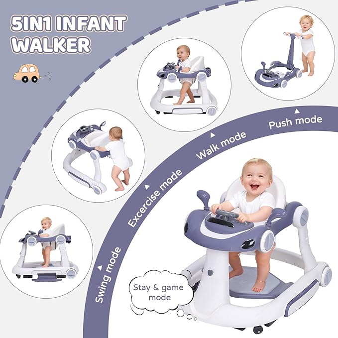 Baby Walker with Wheels, 5-in-1 Foldable Infant Toddler Walker for Boys Girls 6-18 Month, Music Walker for Baby with Car Steering Wheel &Removable Footrest,Baby Push Walker Dark Blue