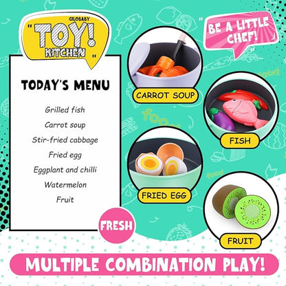 GILOBABY Play Kitchen Accessories, Play Food Sets for Kids Kitchen Playset with Pots and Pans Set, Cooking Utensils, Preschool Learning Education Toys for Toddlers, Birthday Gifts for Girls (Pink)