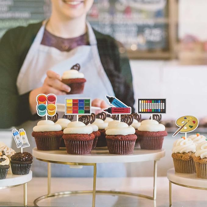 Art Palette Cupcake Toppers,Painting Themed Happy Birthday Party Decor, Artist Palette Graffi Paint Brush Boy Girl Party Decorations Supplies,Rainbow Glitter Set of 18