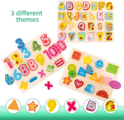 Wooden Alphabet Number Shape Learning Puzzles for Toddlers, 3 in 1 ABC Letter Puzzle Board Set for Kids Ages 3-5 Educational Alphabet Learning Toys for Preschoolers Boys Girls Gifts